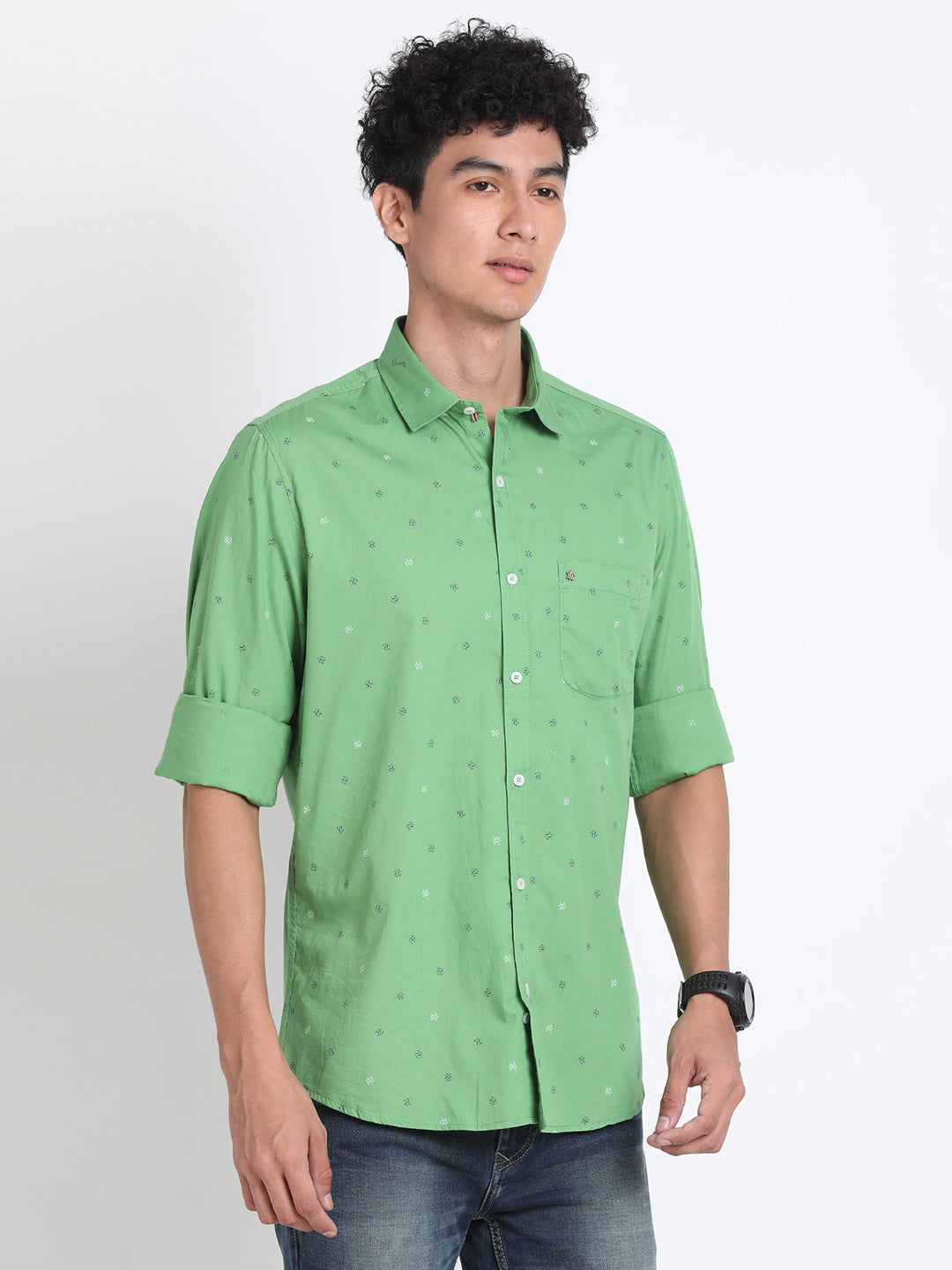 100% Cotton Green Printed Slim Fit Full Sleeve Casual Shirt