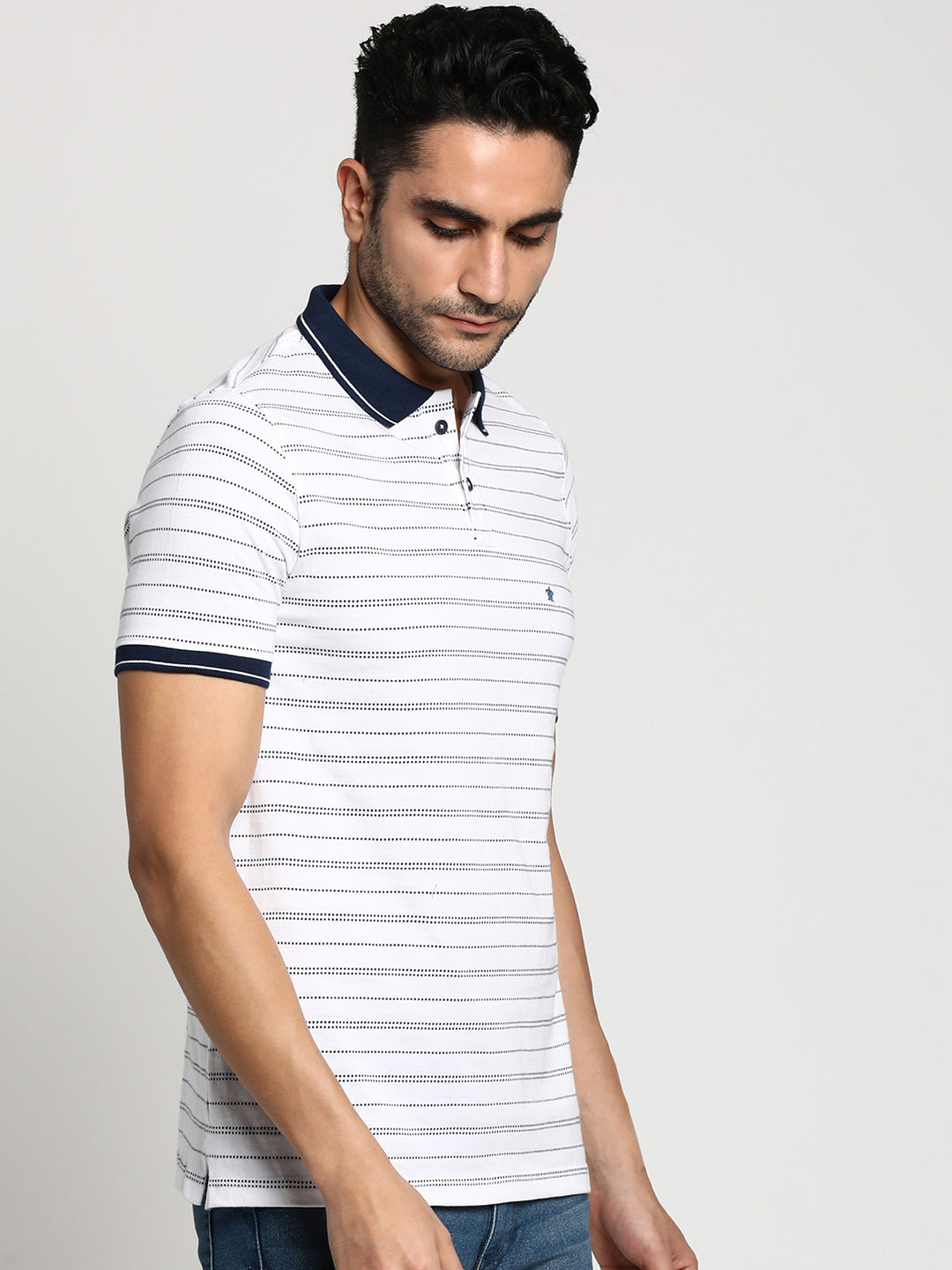 100% Cotton White Striped Polo Neck Half Sleeve Casual T-Shirt