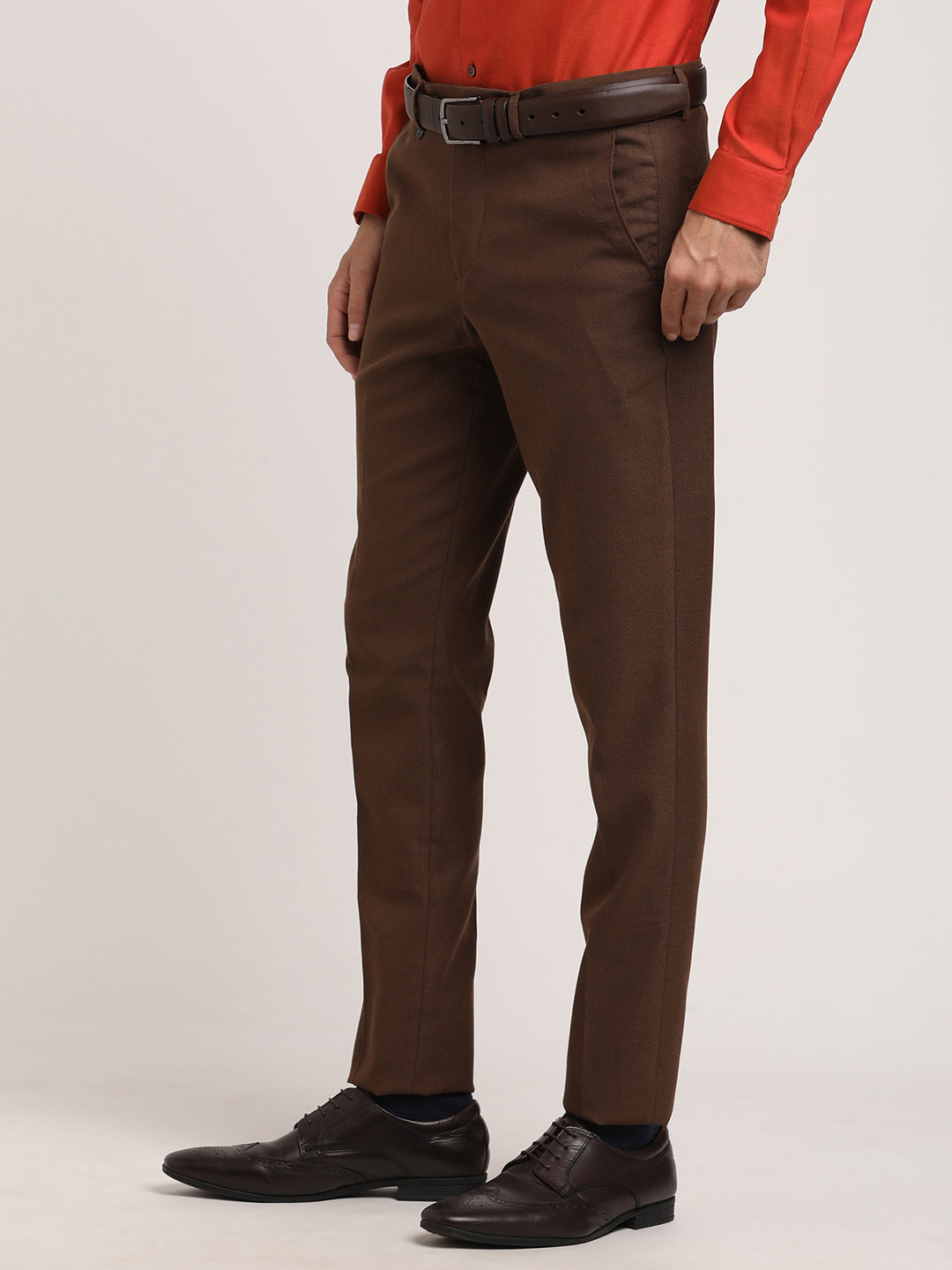 Poly Viscose Brown Dobby Ultra Slim Fit Flat Front Formal Trouser