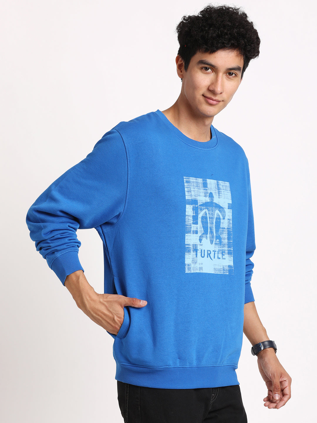 Cotton Stretch Royal Blue Plain Regular Fit Full Sleeve Casual Sweatshirt