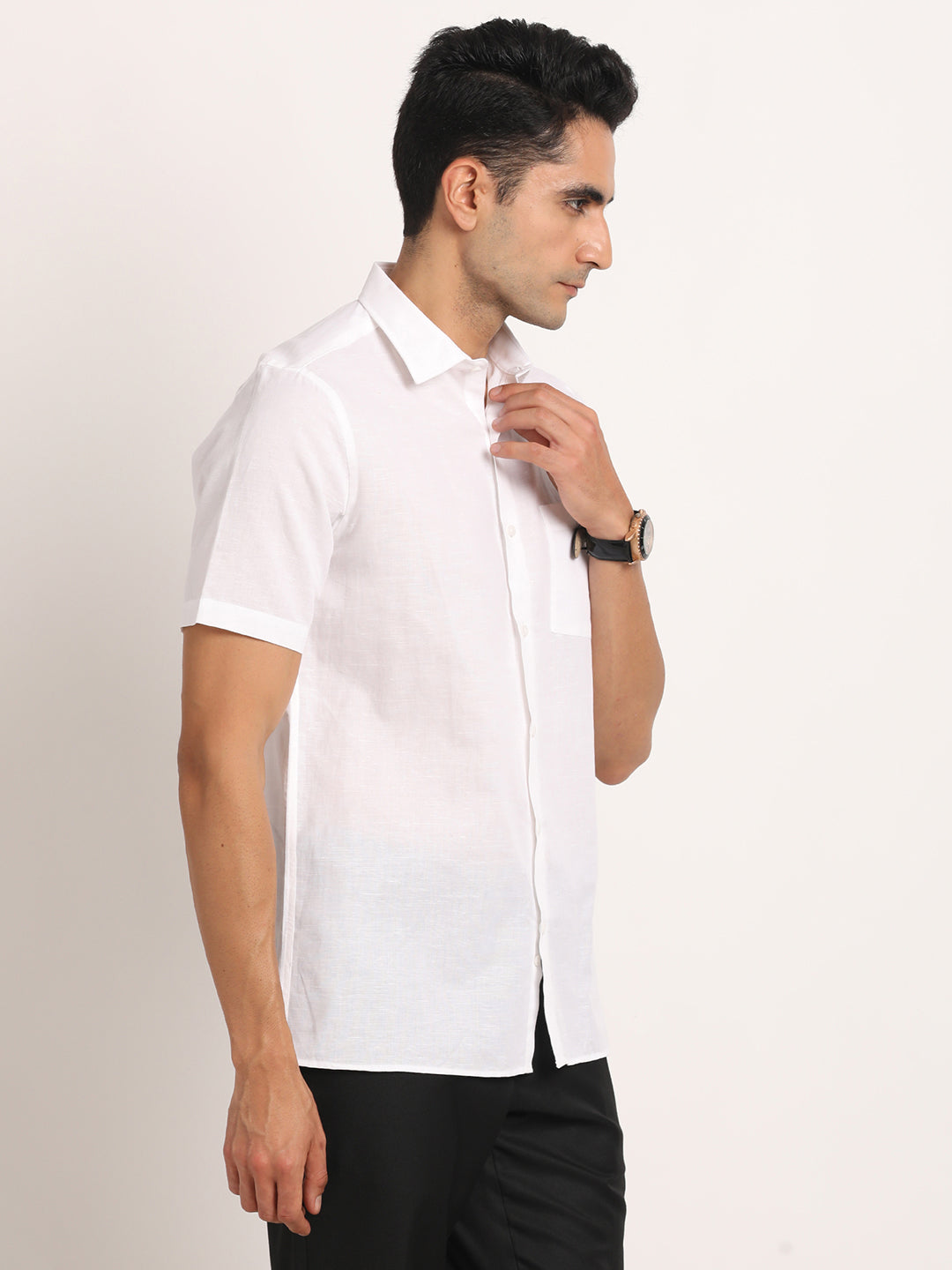 Cotton Linen White Plain Half Sleeve Formal Shirt