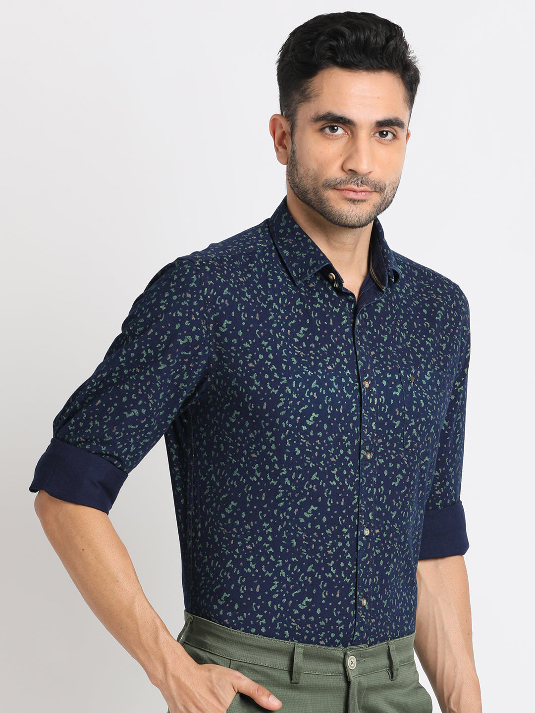 100% Cotton Indigo Navy Blue Printed Slim Fit Full Sleeve Casual Shirt