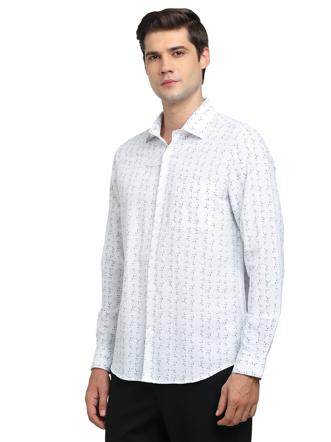 Cotton Linen White Printed Slim Fit Full Sleeve Formal Shirt