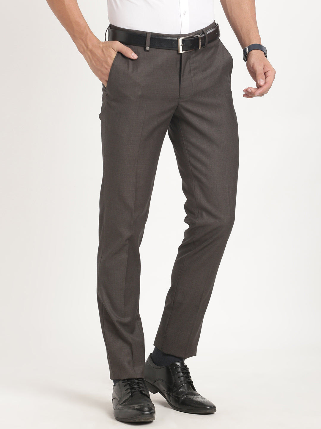 Terry Rayon Brown Plain Slim Fit Flat Front Formal Trouser