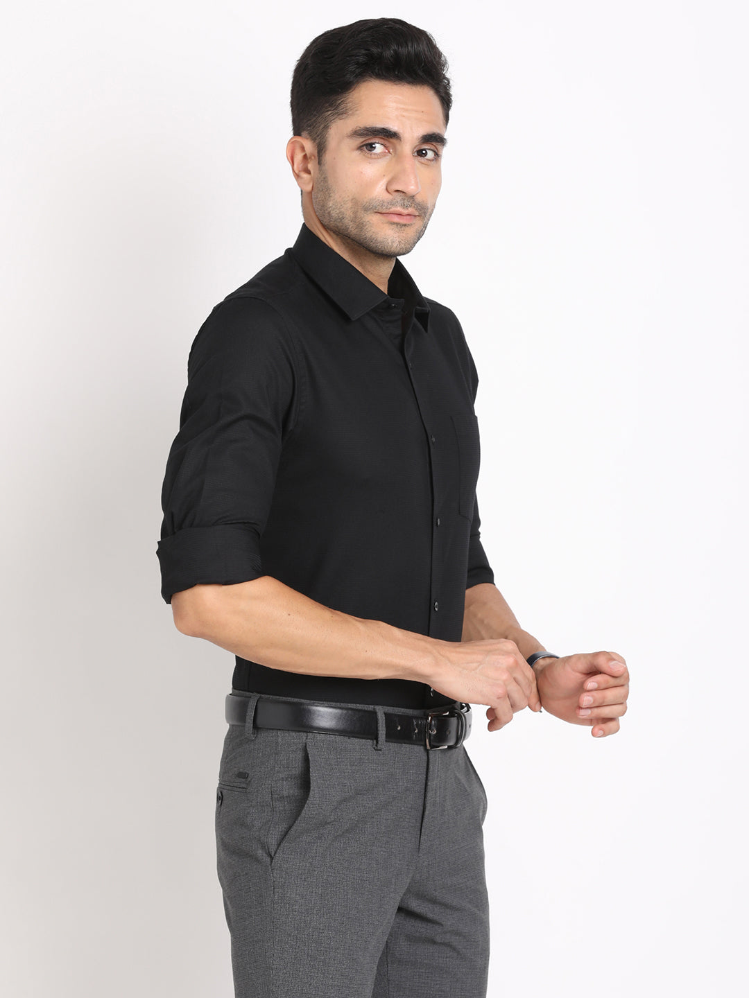 100% Cotton Black Dobby Slim Fit Full Sleeve Formal Shirt