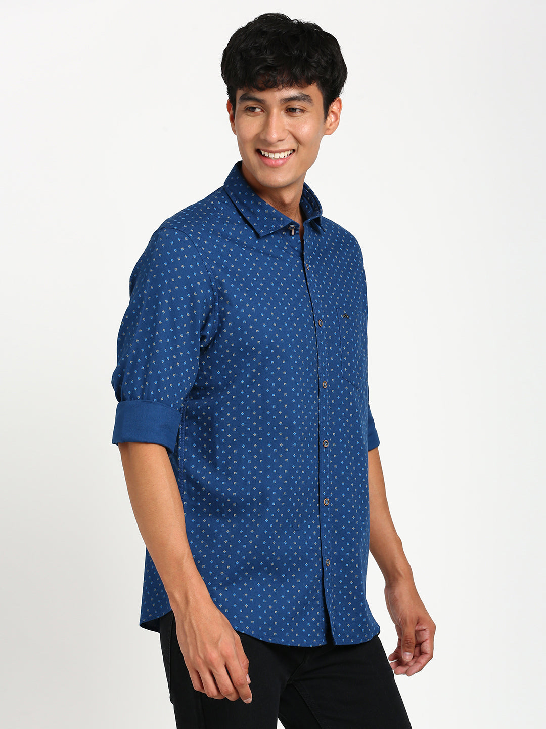 100% Cotton Blue Printed Slim Fit Full Sleeve Casual Shirt