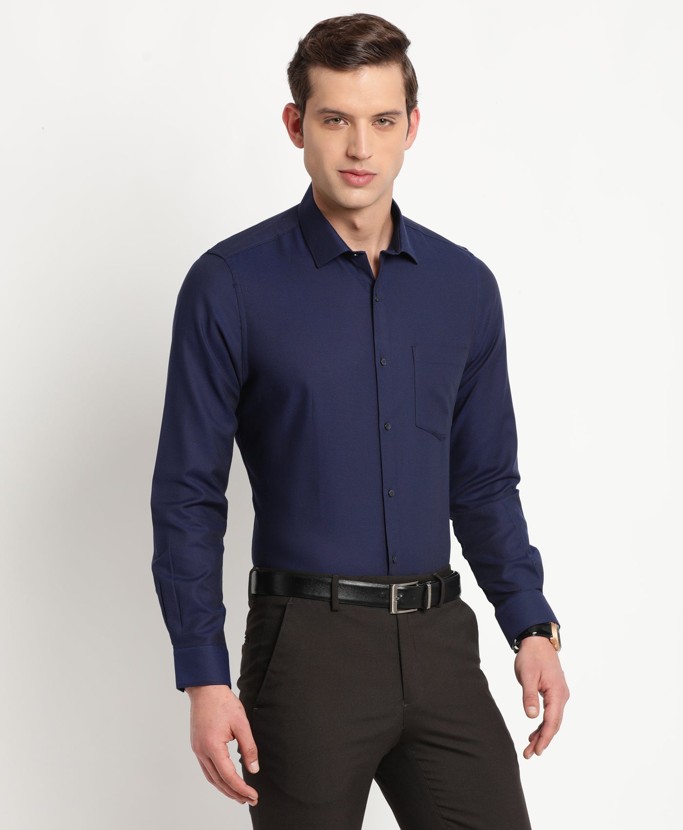 100% Cotton Navy Blue Dobby Slim Fit Full Sleeve Formal Shirt