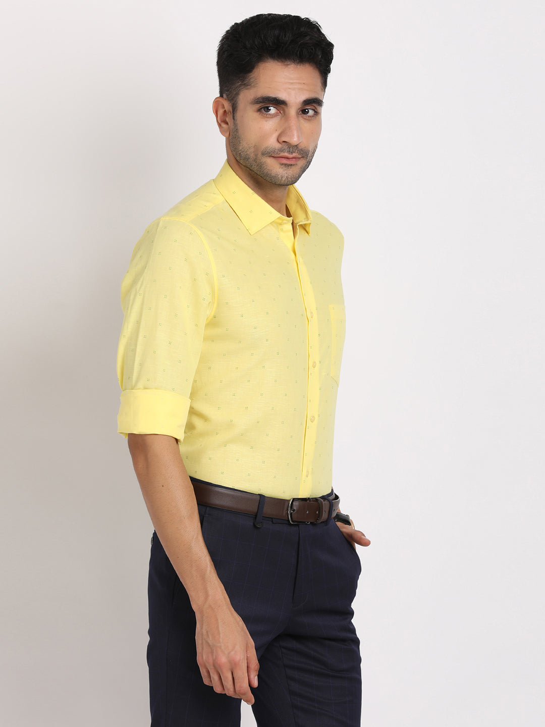 Cotton Linen Yellow Printed Slim Fit Full Sleeve Formal Shirt