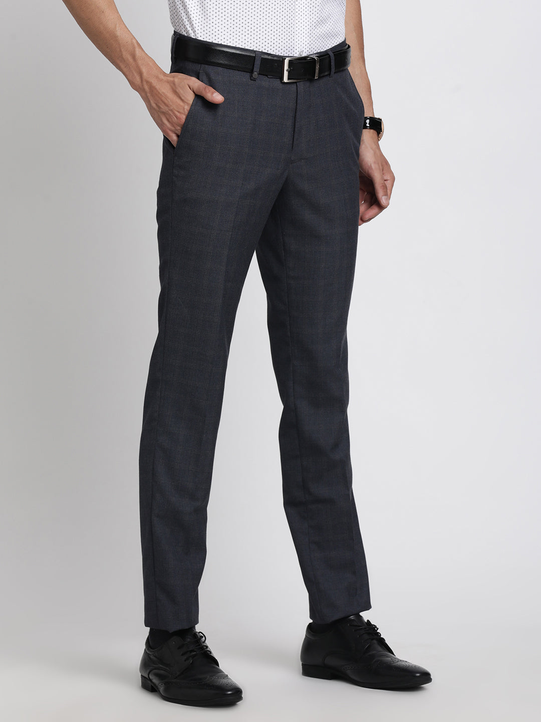 Terry Rayon Grey Dobby Slim Fit Flat Front Formal Trouser