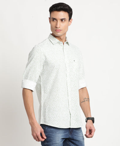 Cotton Linen Sea Green Printed Slim Fit Full Sleeve Casual Shirt