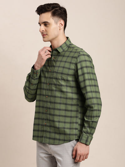 100% Cotton Green Checkered Slim Fit Full Sleeve Casual Shirt