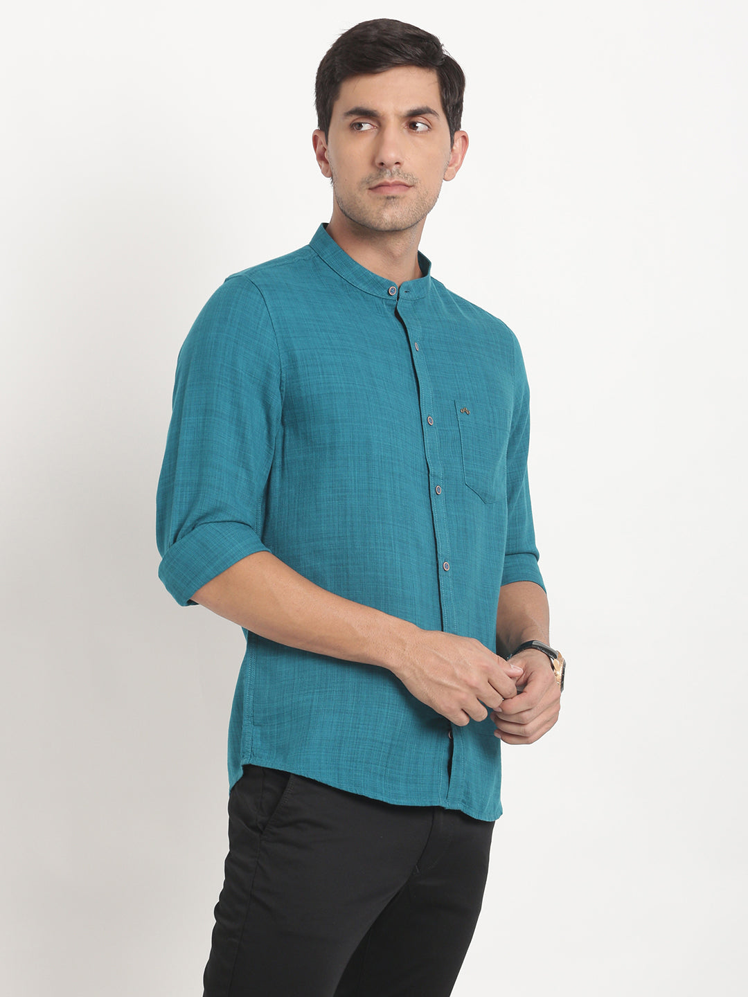Cotton Lyocell Turquoise Blue Plain Slim Fit Mandarin Collar Casual Shirt