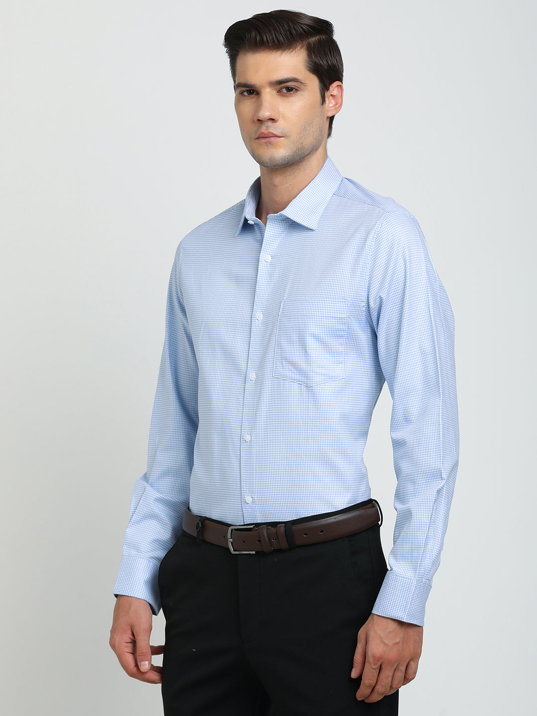 100% Cotton Sky Blue Checkered Slim Fit Full Sleeve Formal Shirt