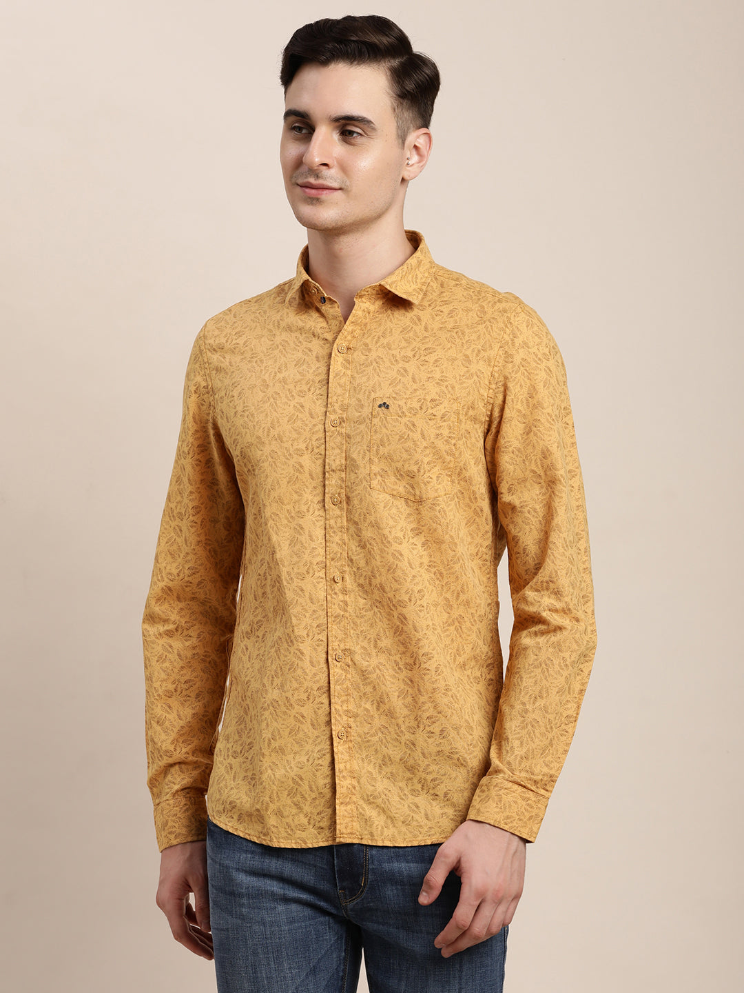 Cotton Linen Yellow Printed Slim Fit Full Sleeve Casual Shirt