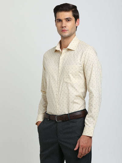 100% Cotton Beige Printed Slim Fit Full Sleeve Formal Shirt