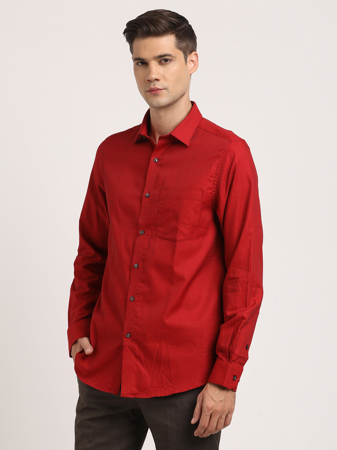 100% Cotton Red Dobby Slim Fit Full Sleeve Formal Shirt