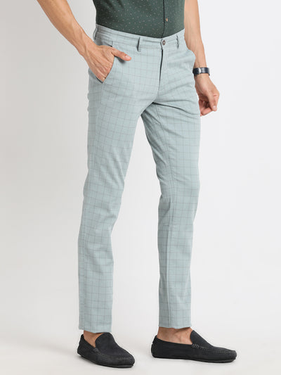 Cotton Stretch Light Blue Checkered Narrow Fit Flat Front Casual Trouser