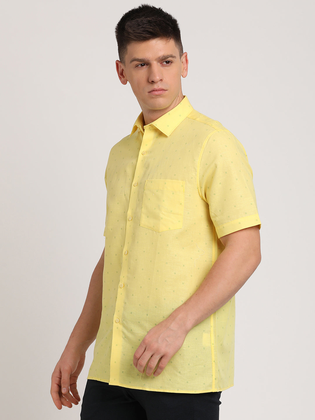 Cotton Linen Lemon Yellow Printed Regular Fit Half Sleeve Formal Shirt