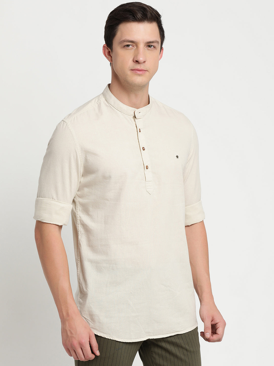 Cotton Linen Off White Plain Slim Fit Full Sleeve Casual Shirt