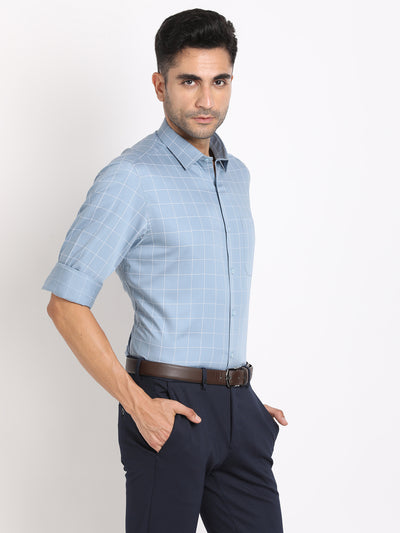 100% Cotton Blue Checkered Regular Fit Full Sleeve Formal Shirt