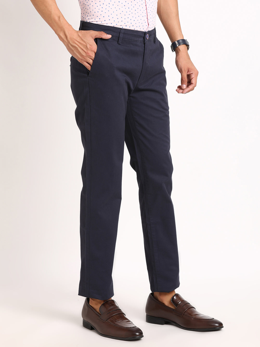 Cotton Stretch Navy Plain Ultra Slim Fit Flat Front Casual Trouser
