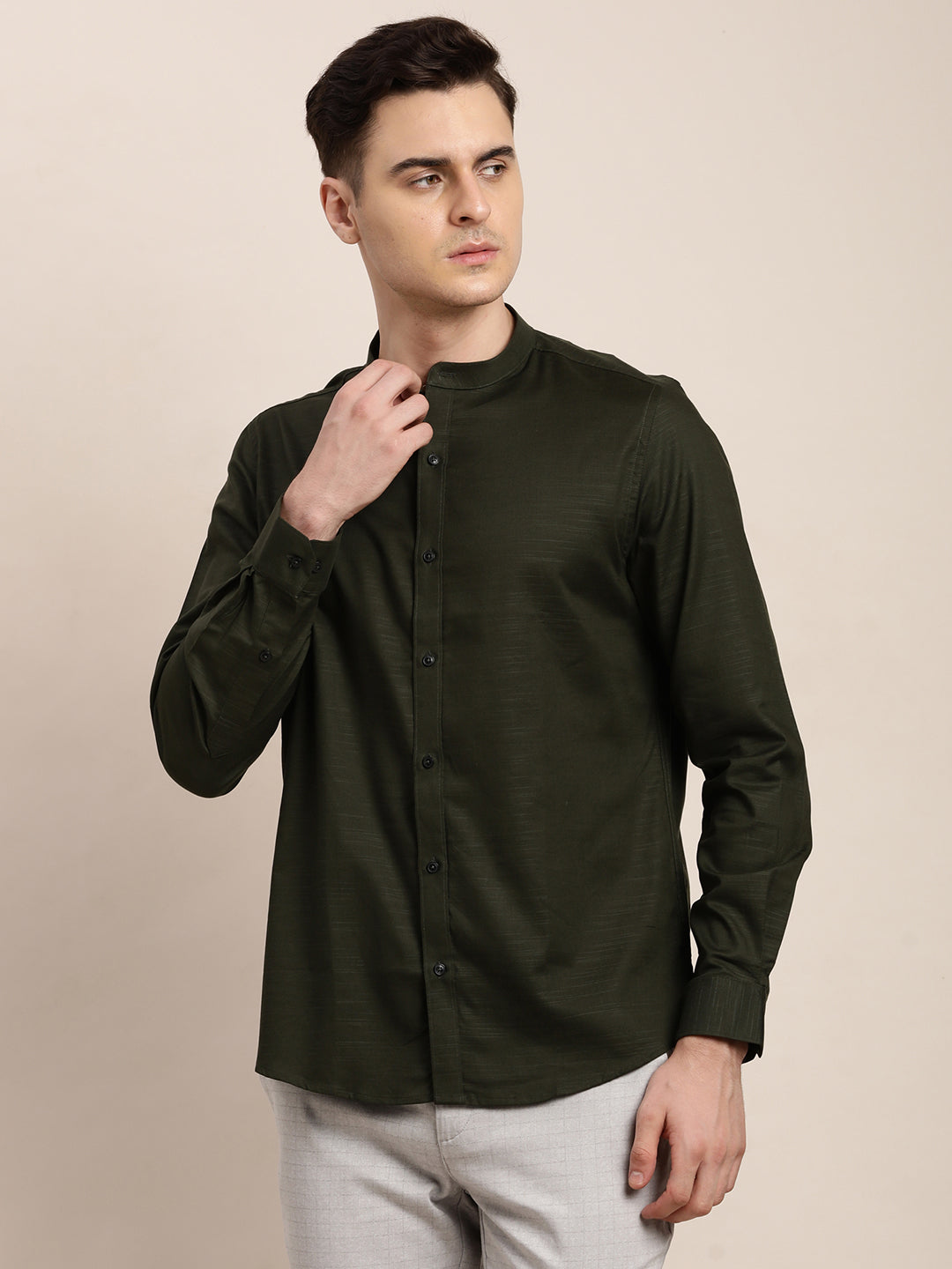 100% Cotton Dark Green Plain Slim Fit Full Sleeve Ceremonial Shirt