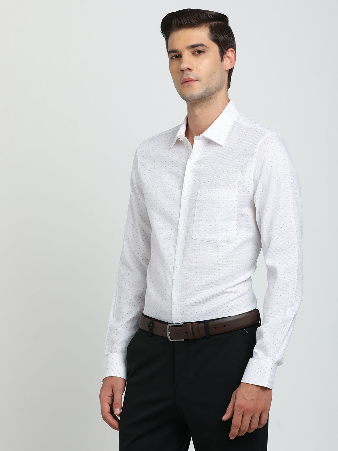 100% Cotton Cream Printed Slim Fit Full Sleeve Formal Shirt