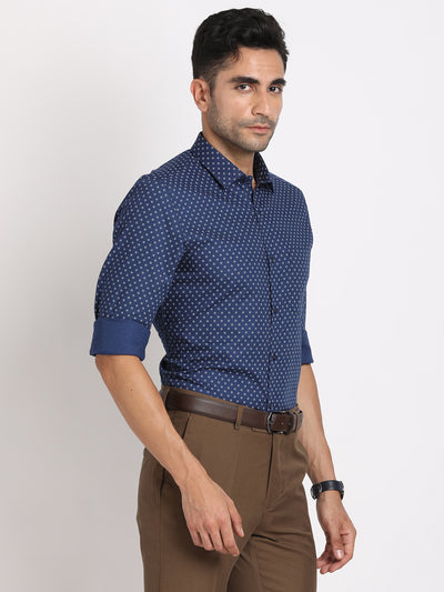 100% Cotton Blue Printed Slim Fit Full Sleeve Formal Shirt