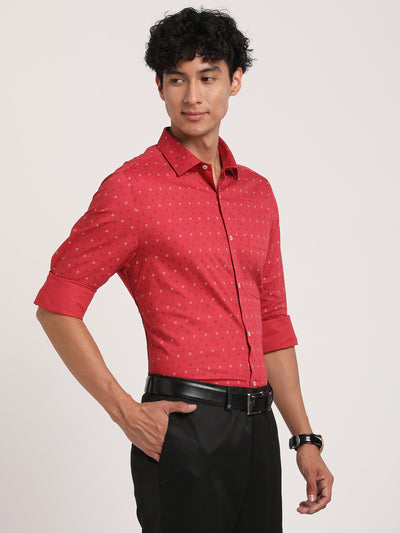 Turtle Men Pure Cotton Red Printed Slim Fit Formal Shirts
