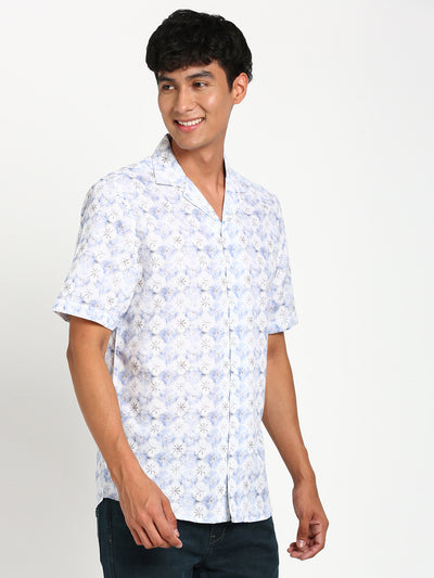 Cotton Blue Printed Slim Fit Half Sleeve Casual Shirt