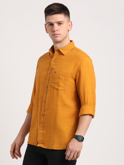 Cotton Lyocell Mustard Plain Slim Fit Full Sleeve Casual Shirt