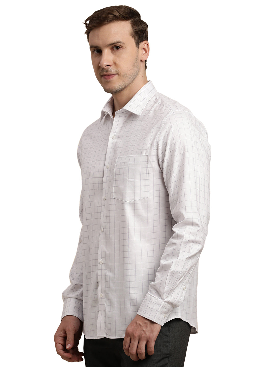 100% Cotton White Checkered Slim Fit Full Sleeve Formal Shirt