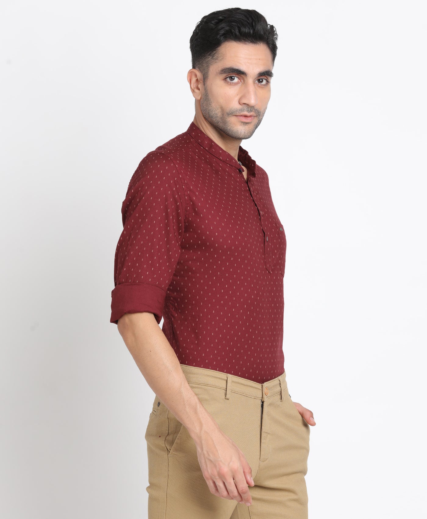 100% Cotton Maroon Printed Kurta Full Sleeve Casual Shirt