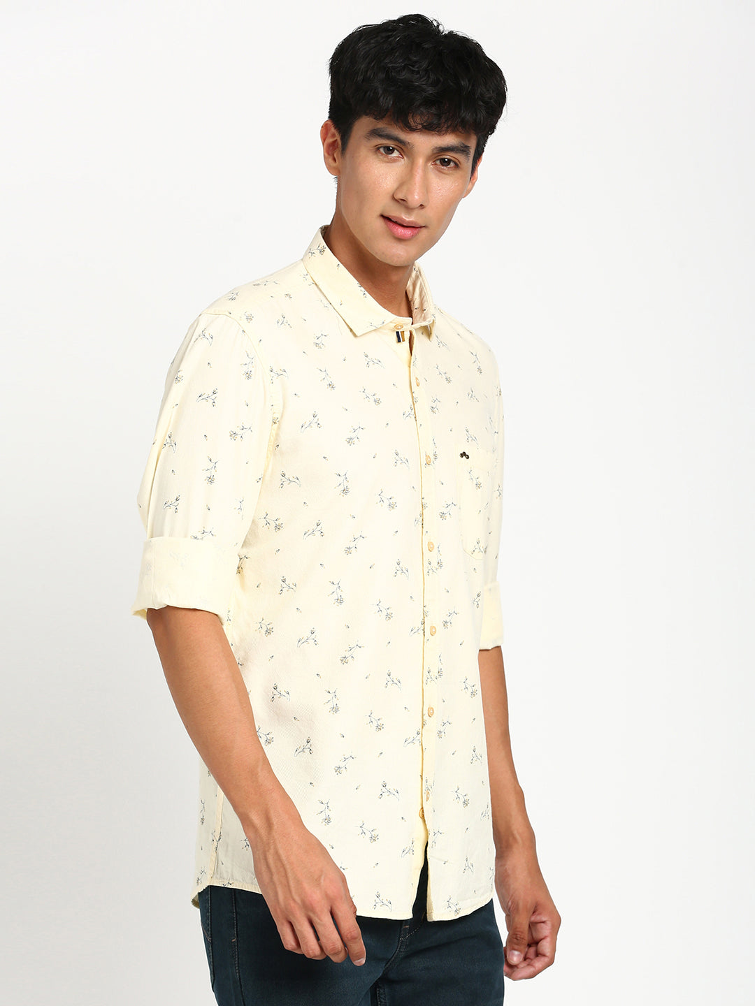 Cotton Tencel Yellow Printed Slim Fit Full Sleeve Casual Shirt