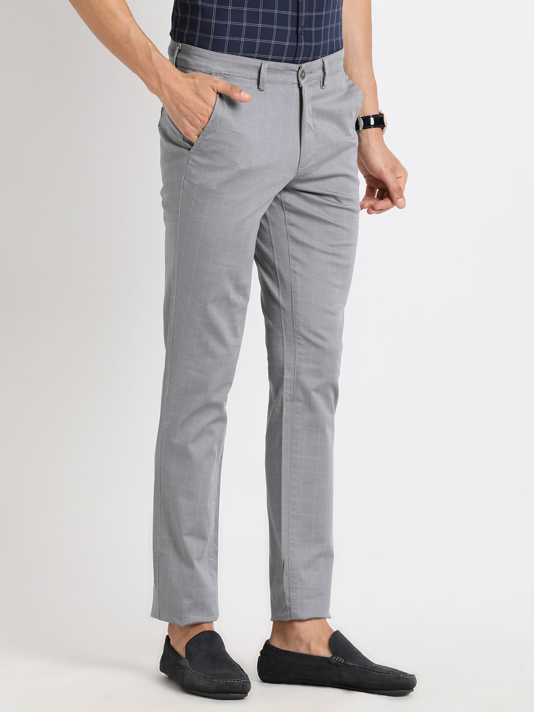 Cotton Stretch Steel Checkered Narrow Fit Flat Front Casual Trouser