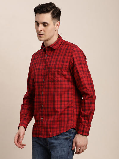 100% Cotton Red Checkered Slim Fit Full Sleeve Casual Shirt