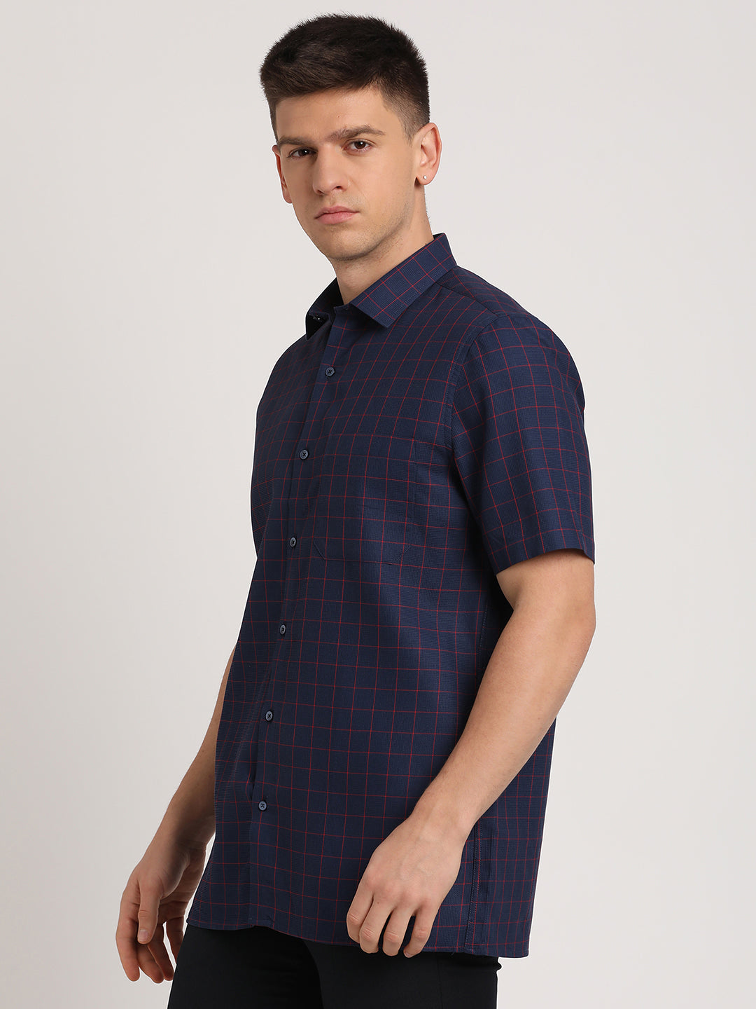 Giza Cotton Navy Blue Checkered Regular Fit Half Sleeve Formal Shirt