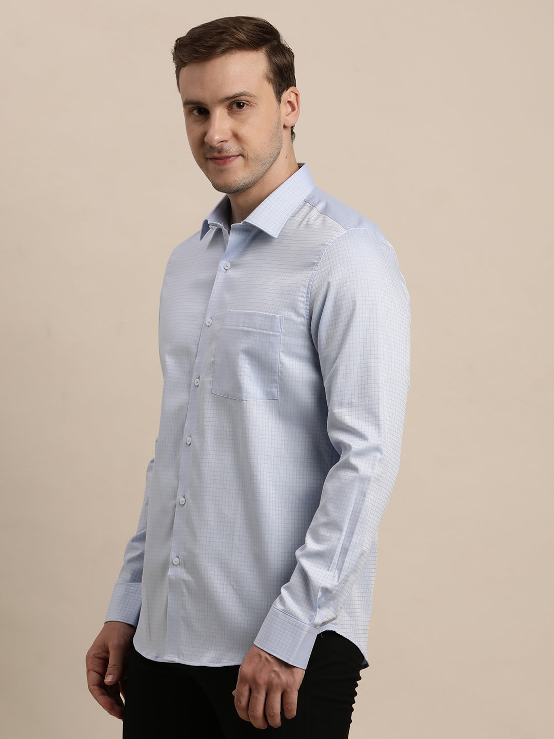 100% Cotton Blue Checkered Slim Fit Full Sleeve Formal Shirt