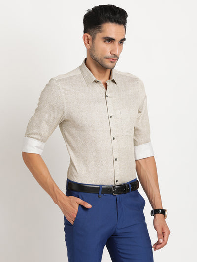 Cotton Stretch Beige Printed Slim Fit Full Sleeve Formal Shirt