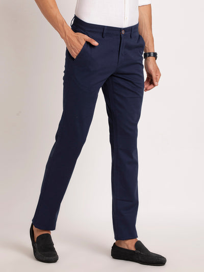 Cotton Stretch Blue Printed Ultra Slim Fit Flat Front Casual Trouser