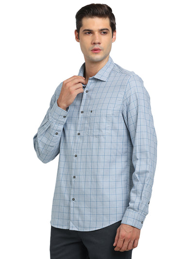 100% Cotton Light Blue Checkered Slim Fit Full Sleeve Casual Shirt