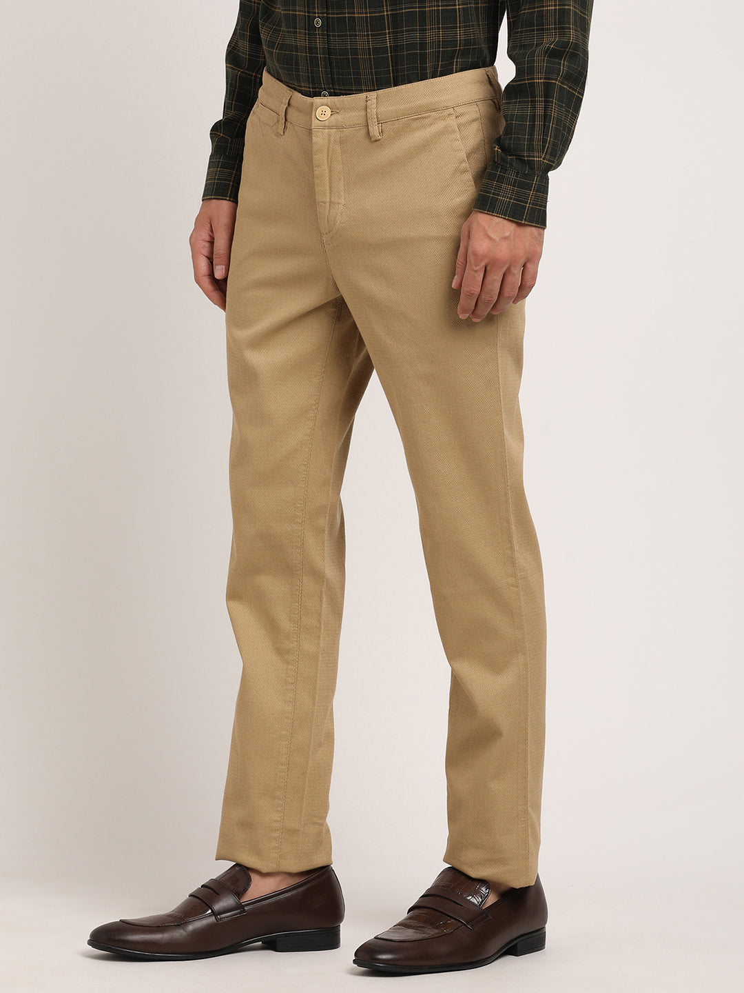 Cotton Stretch Beige Dobby Ultra Slim Fit Flat Front Casual Trouser