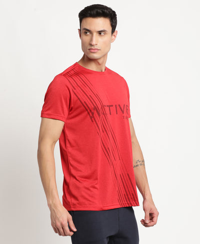 Polyester Red Printed Crew Neck Half Sleeve Active T-Shirt