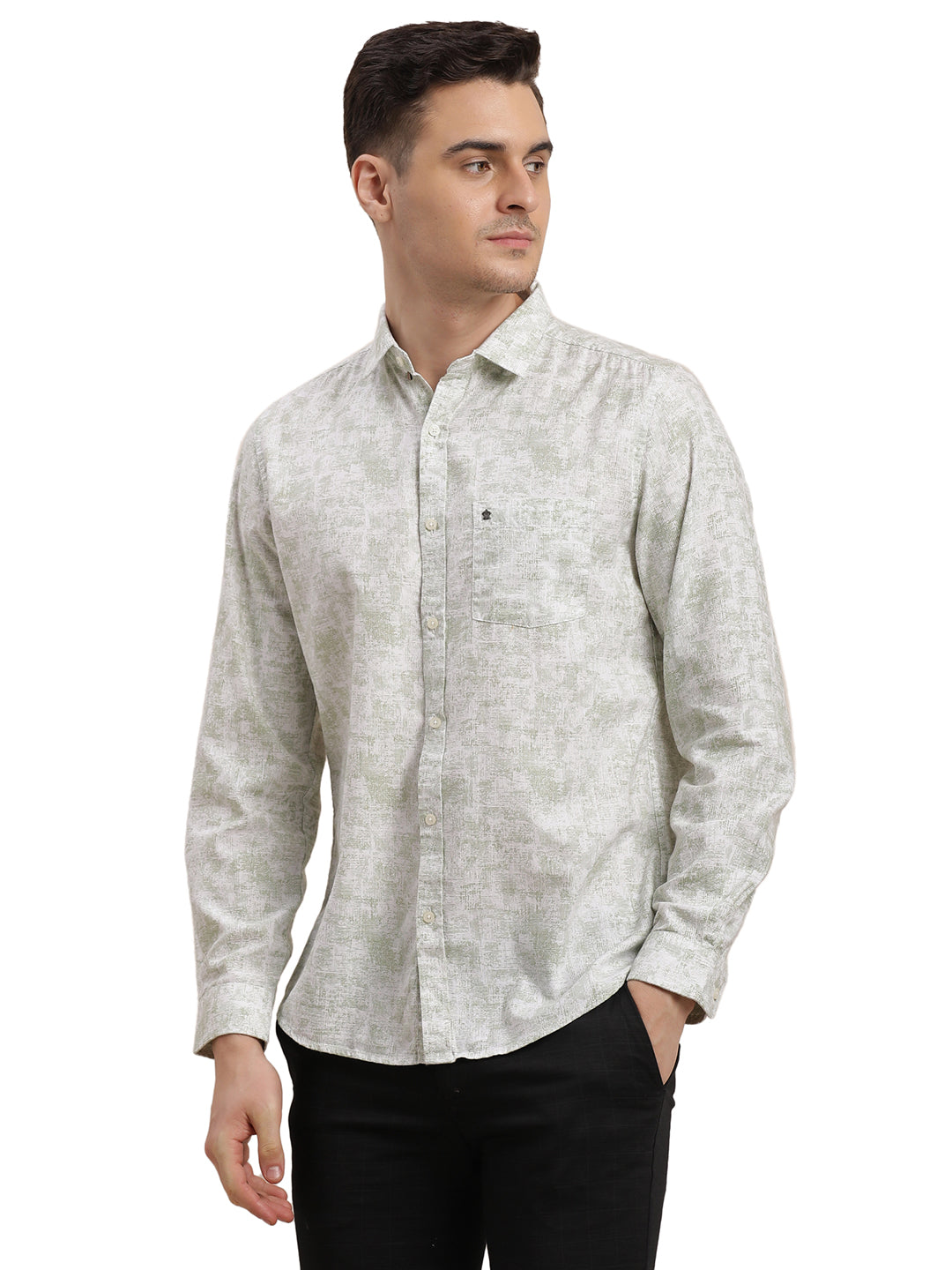 Cotton Tencel Grey Printed Slim Fit Full Sleeve Casual Shirt