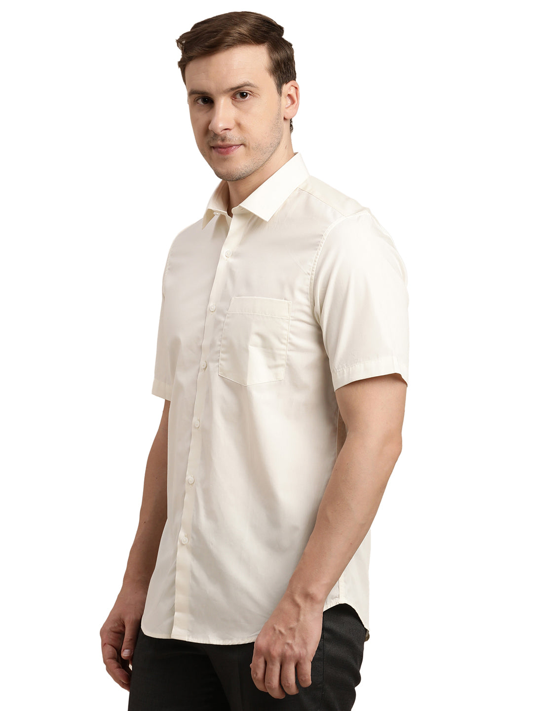 100% Cotton Cream Plain Slim Fit Half Sleeve Formal Shirt