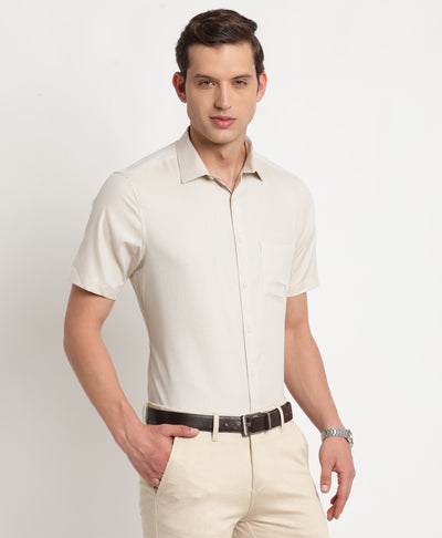 100% Cotton Beige Dobby Regular Fit Half Sleeve Formal Shirt
