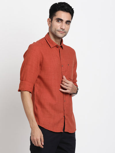 Cotton Lyocell Orange Plain Slim Fit Full Sleeve Casual Shirt