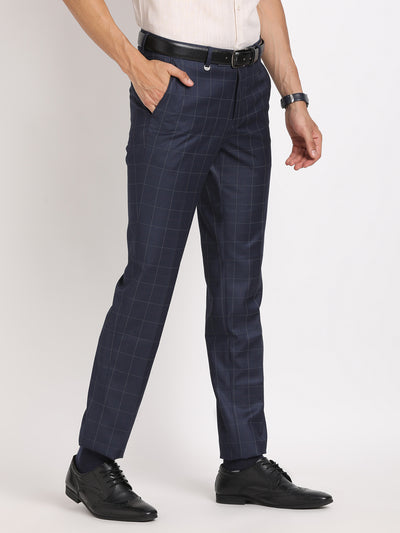 Terry Rayon Navy Blue Checkered Slim Fit Flat Front Formal Trouser