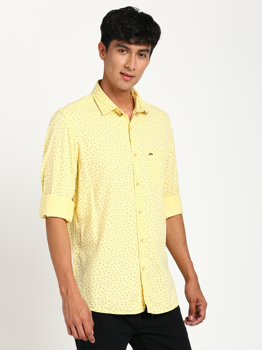 Cotton Tencel Yellow Printed Slim Fit Full Sleeve Casual Shirt