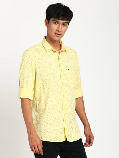 Cotton Tencel Yellow Printed Slim Fit Full Sleeve Casual Shirt